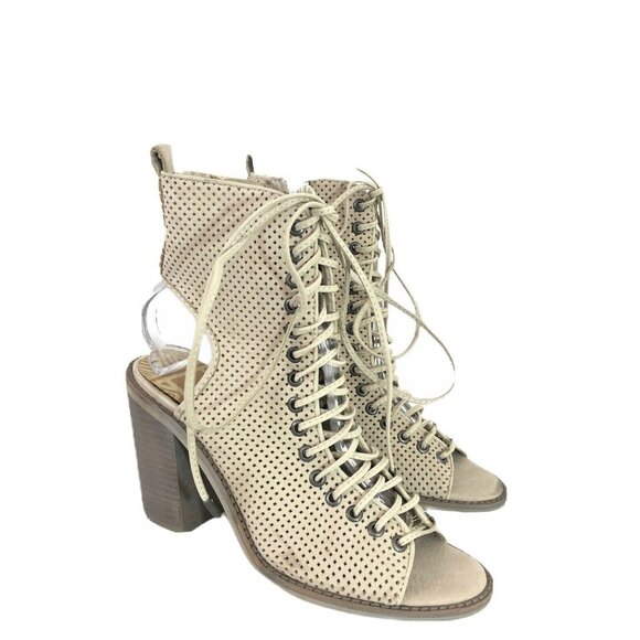 Dolce Vita Lira Light Taupe Peep Toe Lace-Up Cutaway Back Booties - Picture 1 of 6